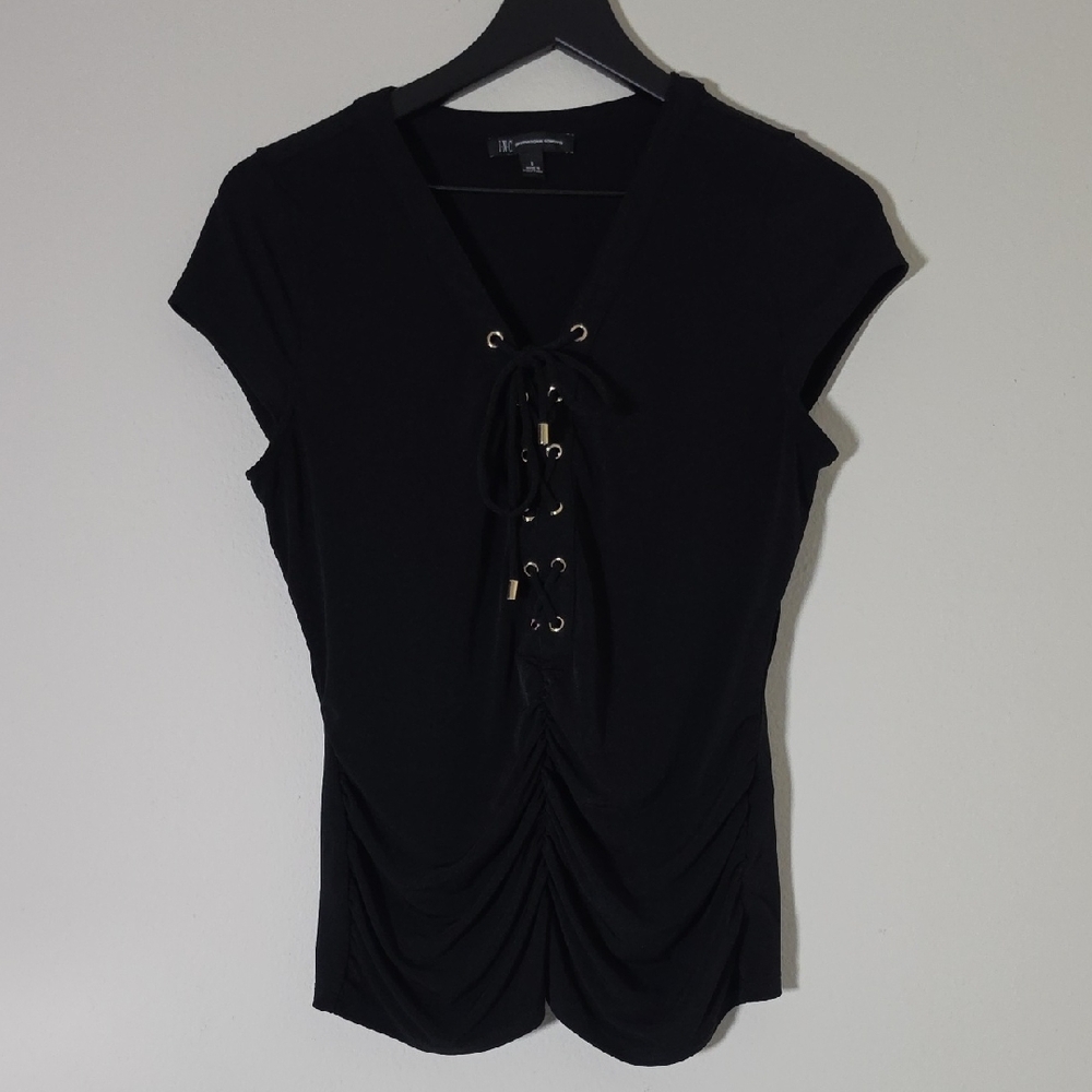 INC Black Lace Up Ruched Women's Top Size Small Gold Tone